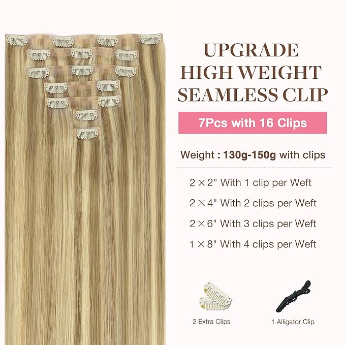 GOO GOO Clip in Hair Extensions Real Human Hair, Remy Human Hair Extensions Clip ins for Women, Natural Human Hair, 22inch 160g 7Pcs, #16/22 Light Blonde Highlighted Golden Blonde
