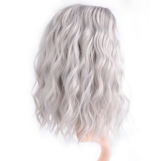FAELBATY 14" Short Curly Bob Grey Wigs Shoulder Length Side Part Women's Short Wig for Girl Halloween Costume Cosplay Wigs Ombre Purple Grey Color