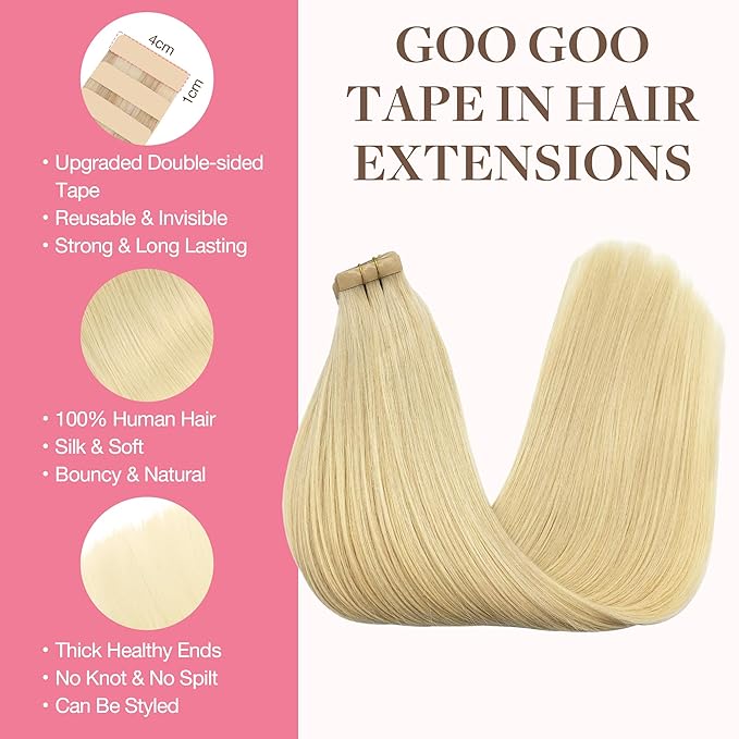 GOO GOO Tape in Hair Extensions Human Hair, 613R Bleach Blonde, 24inch 50g 20pcs, Skin Weft Seamless Invisible, Silky Straight with Thick Ends, Remy Human Hair