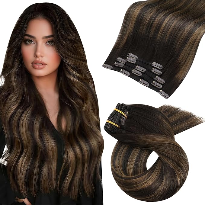 Moresoo Clip in Hair Extensions Real Human Hair Balayage Dark Brown with Chestnut Brown 5pcs 80g Remy Straight Invisible Double Weft Ombre Human Hair Clip in Extensions 20inch