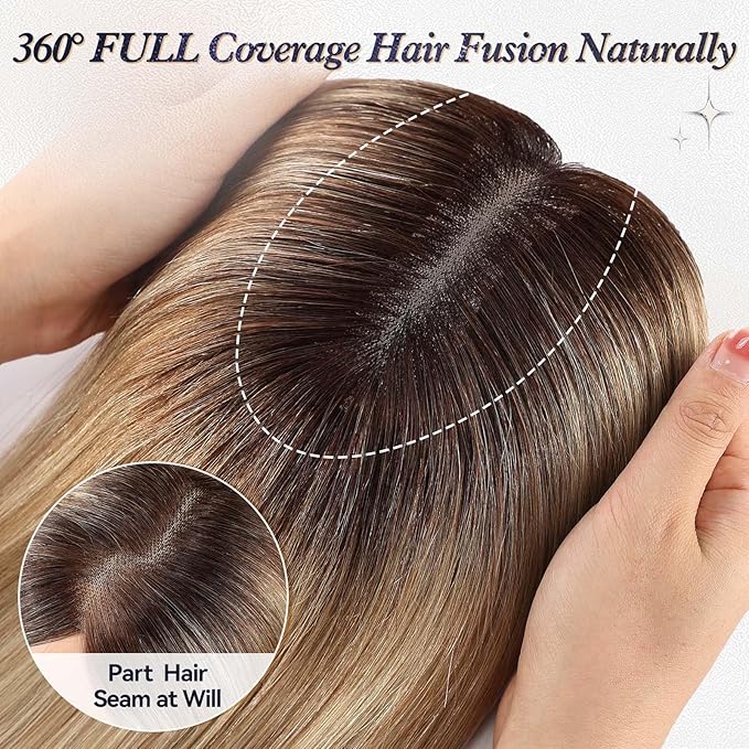 starluck Human Hair Topper for Women with Thinning Hair, 100% Real Human Hairpiece, 4.6 * 4 Inch Upgrade SilkHug Swiss Lace Base Hairpiece,14 Inch, No Bangs (Ombre Blonde)