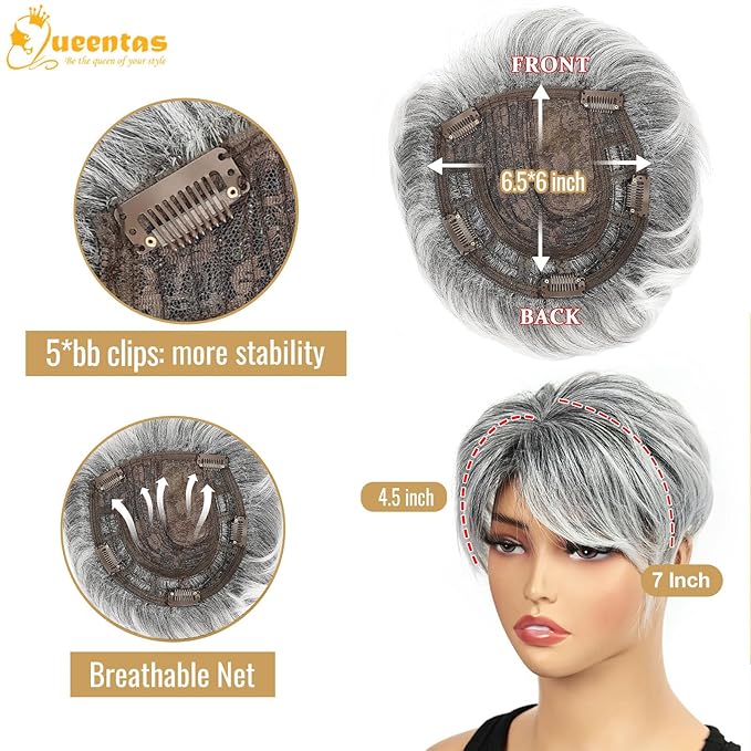 QUEENTAS Short Hair Topper for Women with Thinning Hair Daily Wear 360°3D Cover Up 6.5"*6" Fluffy Hair Pieces with Bangs(Black Mixed Grey)