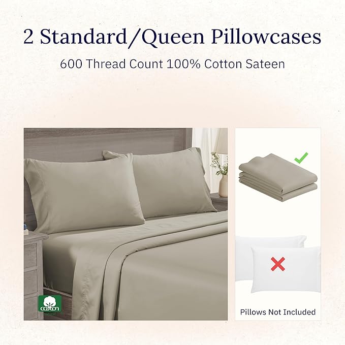 CALIFORNIA DESIGN DEN Luxuriously Soft Hotel Quality 600 Thread Count, 100% Cotton Set of 2 Cases, Crisp & Cool Pillow Cases Queen Size, Fits Standard & Queen Pillows (Taupe)