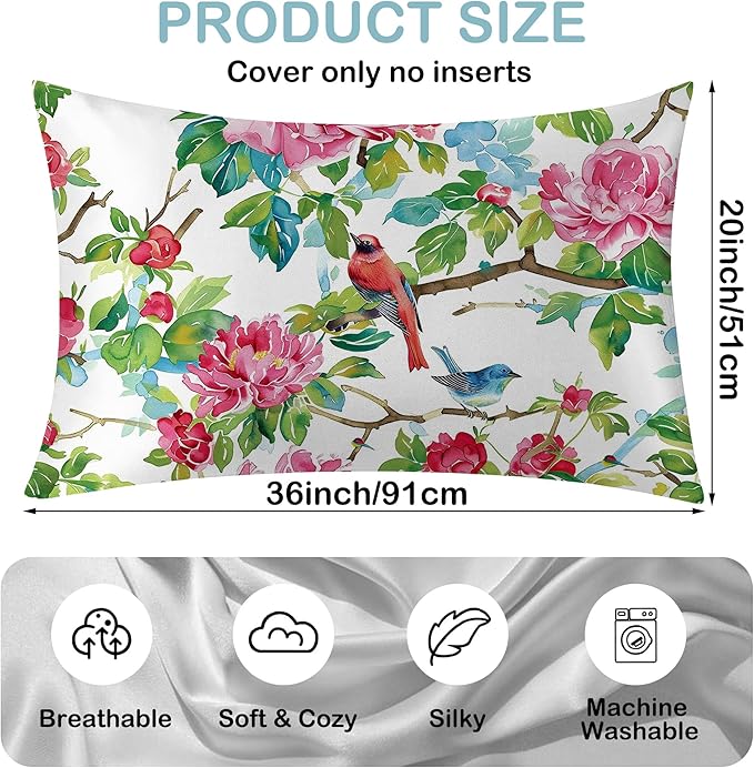 Satin Pillowcase 1 Pack-Pink Roses Flowers and Red Birds Silky Pillow Cover for Hair and Skin,King Size 20x36 Inch Soft Cooling Printed Pillow Cases with Hidden Zipper,Gifts for Women Men