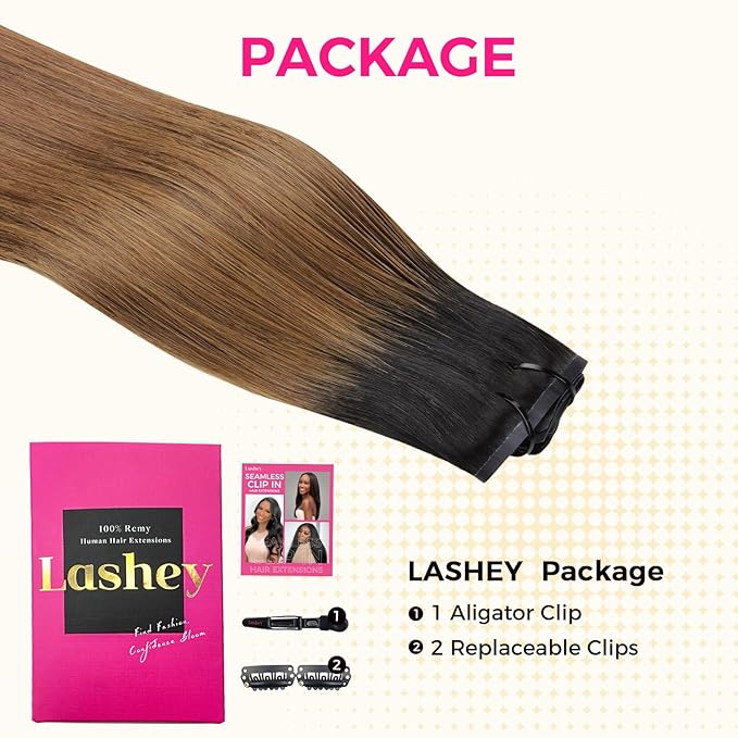 Lashey Seamless Clip in Hair Extensions Human Hair 150g 9pcs 22 Inch Ombre Natural Black to Medium Auburn Straight Clip in Hair Extensions for Women
