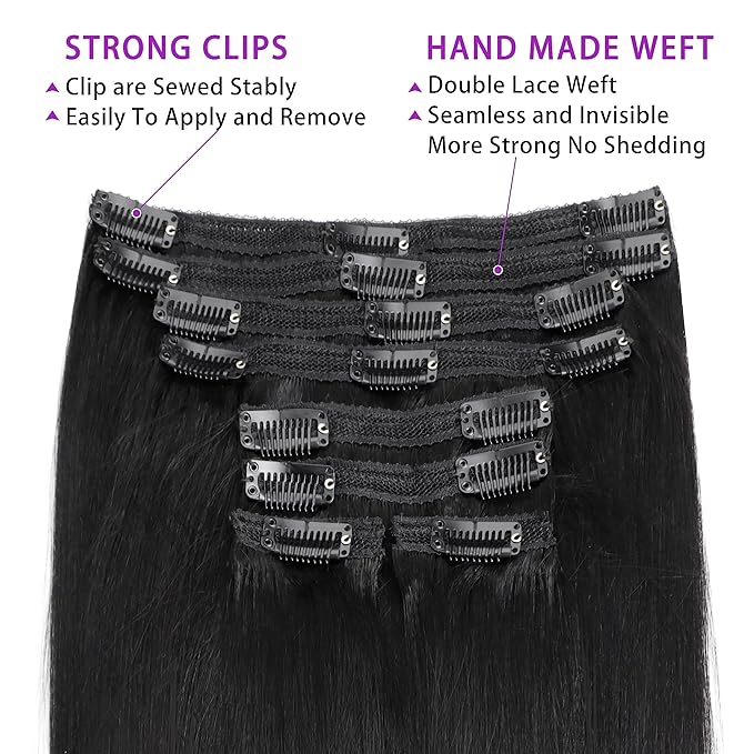 16 Inch Yaki-Straight Clip ins Real Human Hair Yaki Clip in Hair Extensions For Women Clip on Hair Extensions Brazilian Virgin Hair Extension