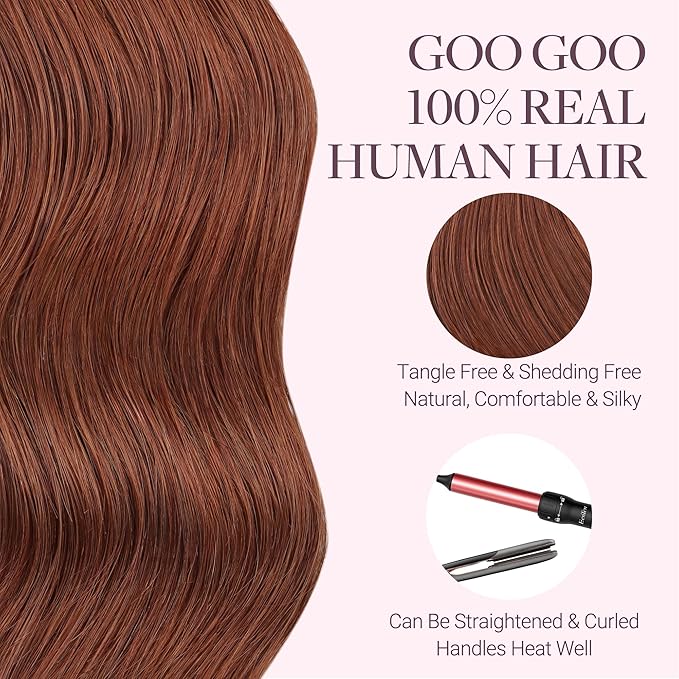 GOO GOO Tape in Hair Extensions Human Hair, #33B Dark Auburn Copper, 20inch 50g 20pcs, Skin Weft Seamless Invisible, Silky Straight with Thick Ends, Remy Human Hair