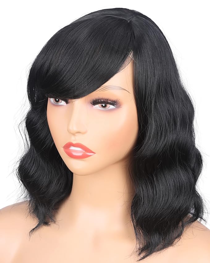 Short Wavy Wigs With Bangs 14 Inch Black Wigs For Black Women Natural Looking Soft Light Synthetic Hair Replacement Wigs Heat Resistant (14 inch,black)