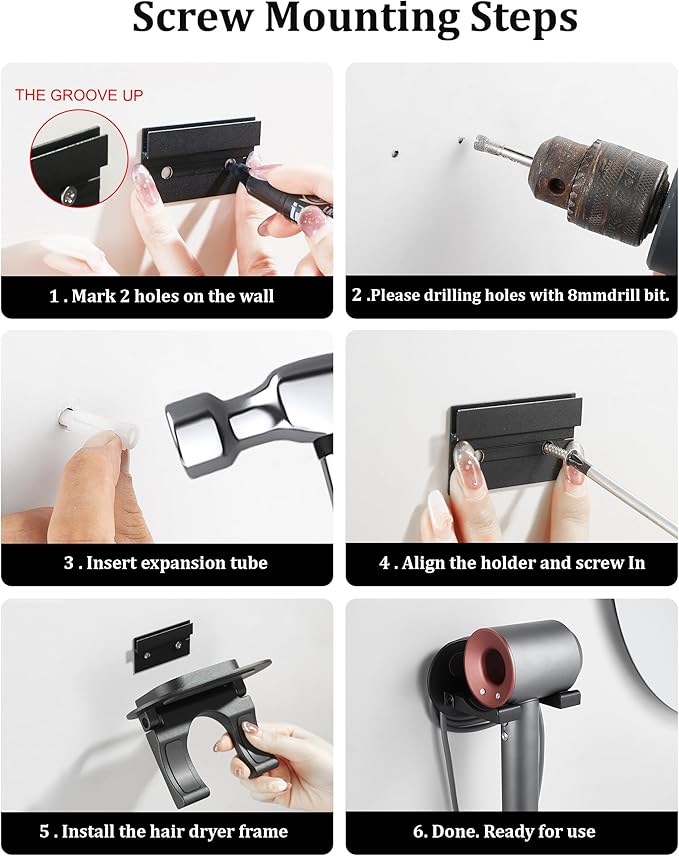 Hair Dryer Holder Wall Mounted,New Upgrade90’ Foldable design Improve space ytilization，Space Organizer for Bathroom Bedroom Washroom (Black, Aluminum Alloy)