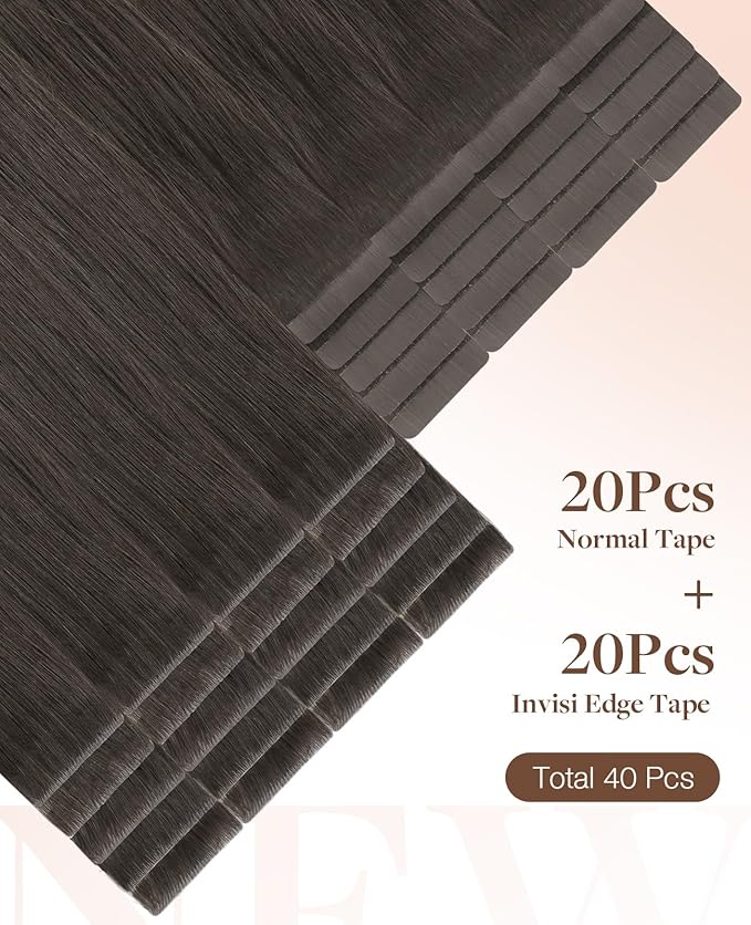 GOO GOO Invisi Edge Tape in Hair Extensions Human Hair, 1C Mocha Brown 20pcs injected with 20pcs classical tape ins, 14inch 100g, Virgin Remy Hair, Natural Look