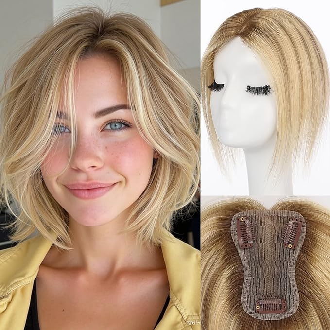 starluck Real Human Hair Toppers for Women 10 Inch Human Hair Topper no Bangs, 3 * 4.5 inches Swiss Base Suitable for ThinningHair Cover Grey Roots(Ombre P721A#)