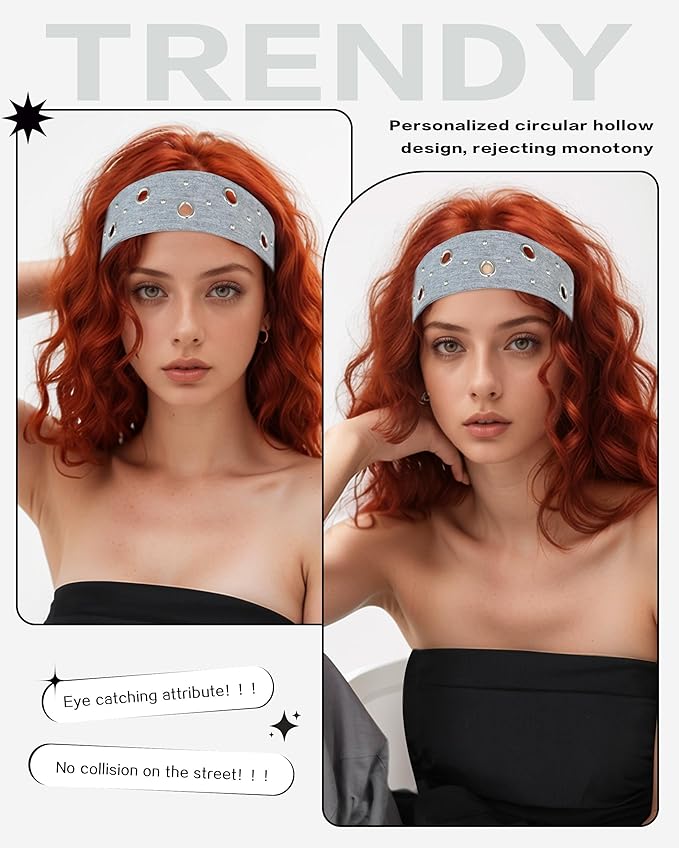 Grommet Headband for Women, Gray Round Studs 23cm Hollow Out Elastic Hair Band, Eyelets Punk Grunge Stylish Hairband