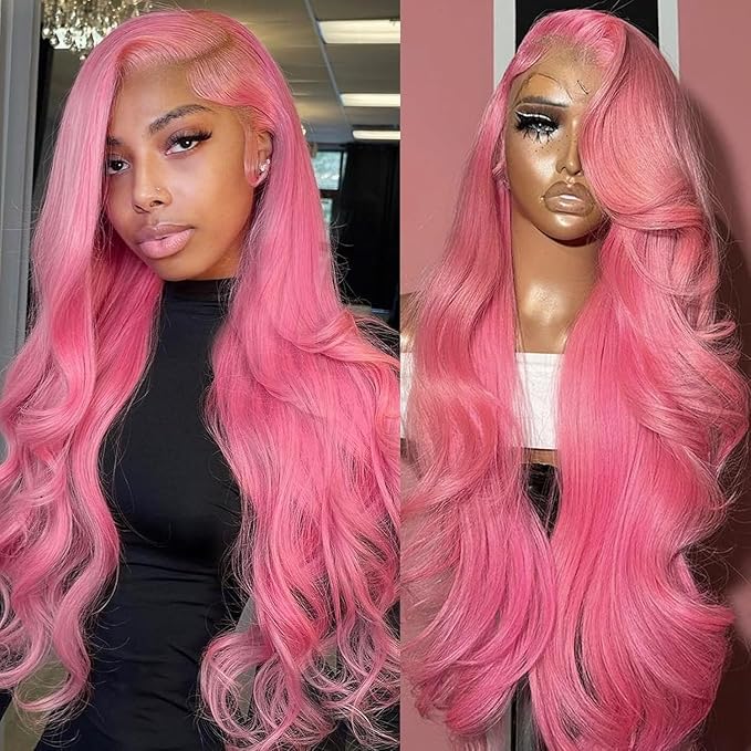 Long Hot Pink Wig Human Hair 13x4 200 Density Hd Transparent Body Wave 12A Pink Lace Front Wig For Women Pink Frontal Wigs Colored Hd Lace Wig 26 Inch