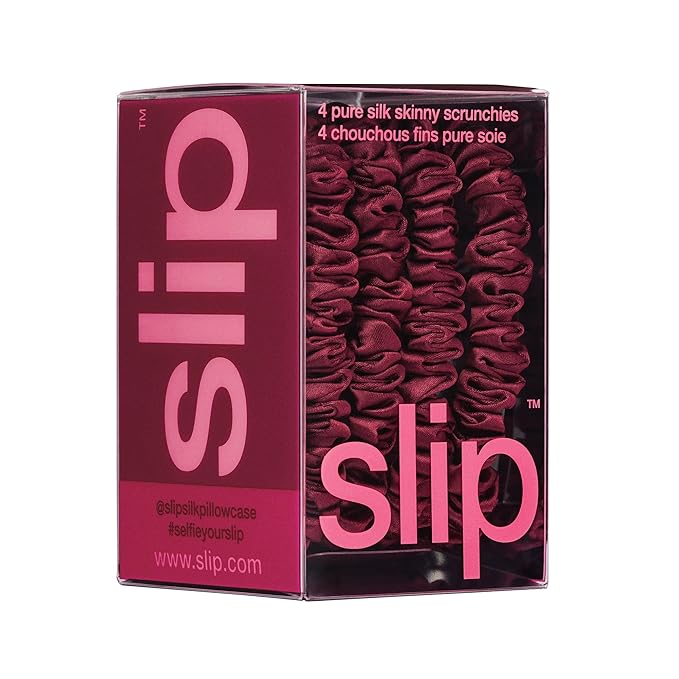 slip Skinny Scrunchies: Anti-Crease, Anti-Breakage Slipsilk™ Design Protects Delicate Hair | Includes 4 Pure Silk Scrunchies: Maroon