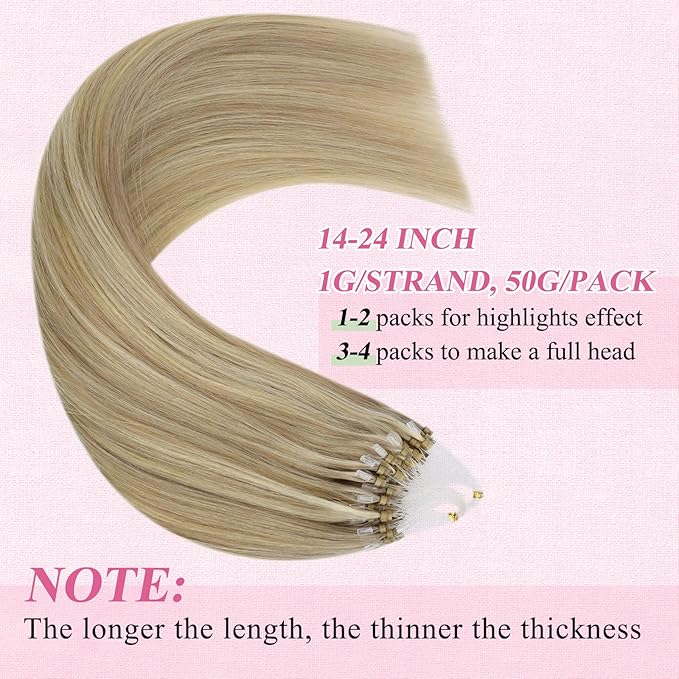 YoungSee Micro Link Hair Extensions Human Hair Blonde Microloop Hair Extensions Human Hair Highlight Blonde and Golden Blond Invisible Bead Hair Extension 20In 50g 50s for Date Nights