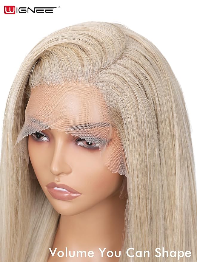 WIGNEE 13x6 Synthetic Lace Front Wig 28" Ash Blonde Wig Pre-Plucked Handmade Lace Front Wigs with Kanekalon Futura Hair Voluminous Long Straight Synthetic Wigs for Daily Party Use