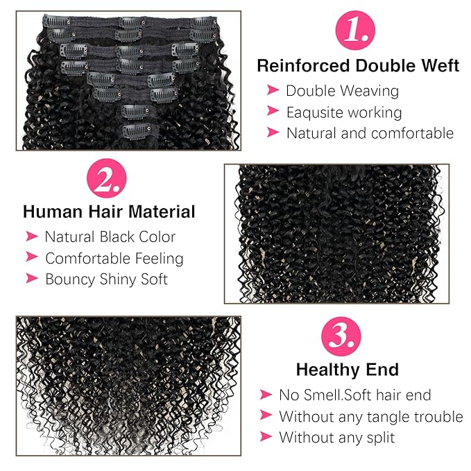 3c 4a Kinky Curly Clip in Hair Extensions Real Human Hair For Women 26 Inch Curly Clip ins Natural Color Clip in Hair Extensions 120g/pack