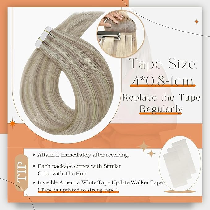 Full Shine Tape in Hair Extensions 12 Inch Remy Tape Hair Extensions Real Human Hair 20pcs 30g Highlight Color 18 Ash Blonde And 613 Blonde Extensions for Women Glue in Hair for Short Tapes ins
