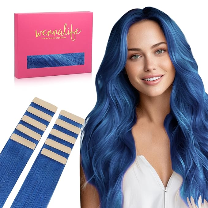 Wennalife Tape in Hair Extensions Human Hair Blue Tape in Extensions, 10pcs 20g 10 inch Remy Invisible Tape Ins Straight Colored Soft Real Human Hair Tape in Extensions Refill Set Extensions