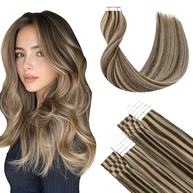 SURNEL Tape in Hair Extensions 18 inch Chocolate Brown Highlighted Caramel Blonde Tape in Hair Extensions Human Hair 20 pcs 50g(#4P27-18)