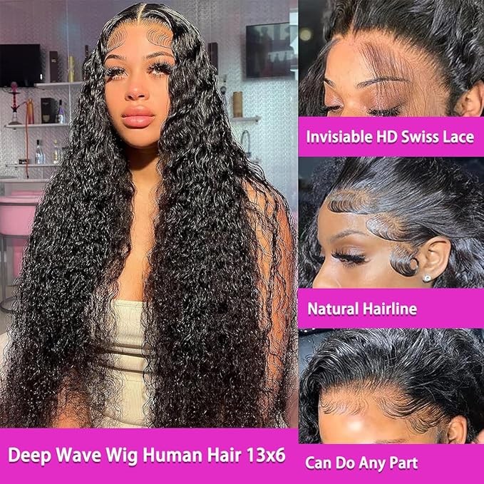 13x6 Deep Wave Lace Front Wigs Human Hair Pre Plucked Deep Curly Wig Human Hair Pre Plucked with Natural Hairline Wet and Wavy Lace Frontal Wig Natural Color 210% Density 30Inch
