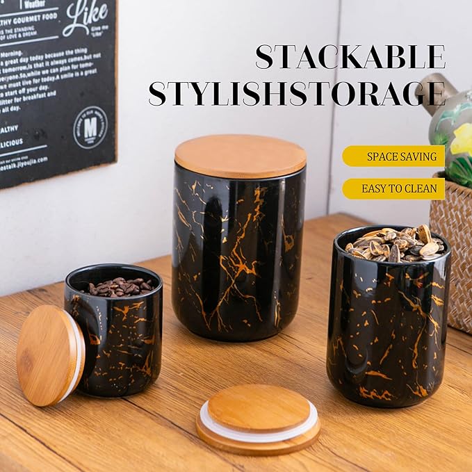 Black Ceramic Canister Set with Wooden Lid, 3-Piece Food Storage Jars for Kitchen Counter, Storage Container for Sugar, Coffee, Tea, Spice