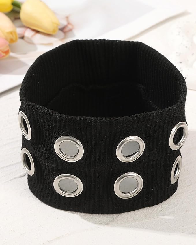 Grommet Headband for Women, Wide Black 20cm Hollow Out Elastic Hair Band, Eyelets Punk Grunge Stylish Hairband