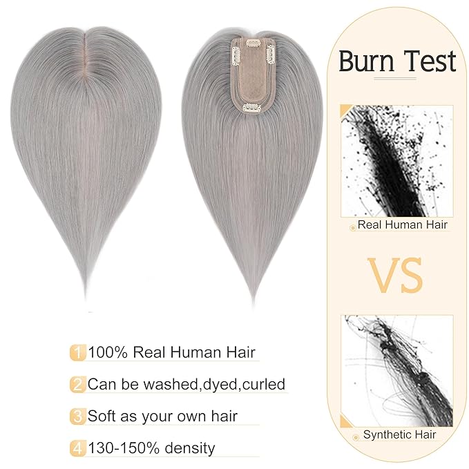 SEGO Grey Hair Toppers for Women Real Human Hair No Bangs, 7 * 13 CM Silk Base Clip In Topper Wiglet, Top Pieces Add Volume -12 Inch G1 Silver Grey