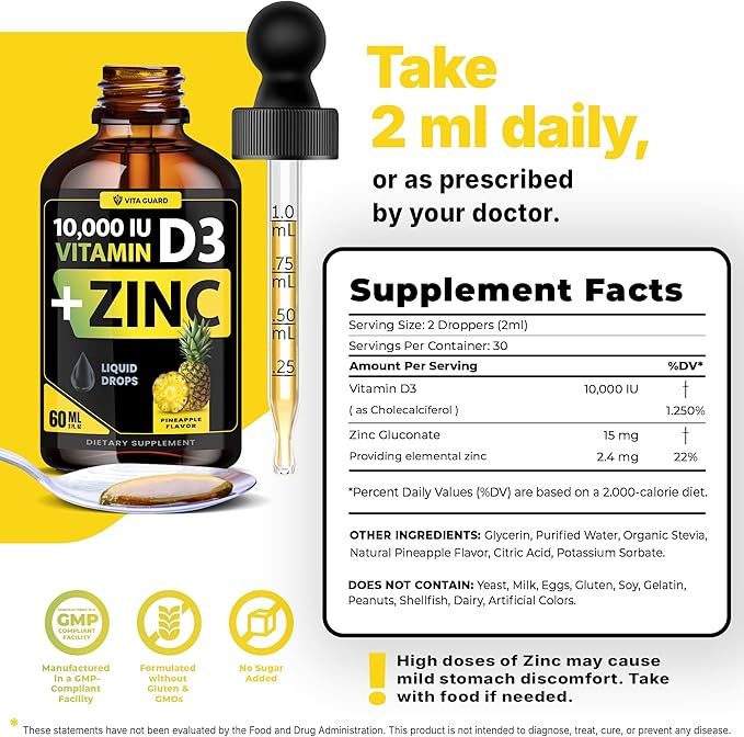 Vitamin D3 Drops with Zinc – 10,000 IU D3 & 15 mg Zinc Liquid Supplement – Immune Support for Men & Women – Sugar-Free Pineapple Flavor – 30-Day Supply