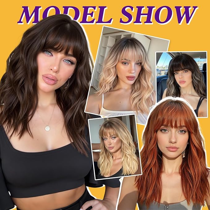 Curly Bob Wig with Bangs Short Wavy Ombre Blonde Wigs for Women Lob Haircut Synthetic Heat Resistant Bob Wigs 14IN