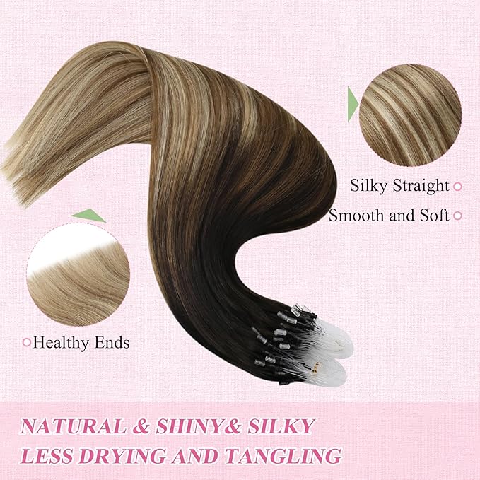 YoungSee Micro Loop Hair Extensions Real Human Hair Balayage 16In Micro Bead Hair Extensions Human Hair Dark Brown Ombre Blonde with Browns Beaded Hair Extension Soft and Silky for Prom 50g 50s