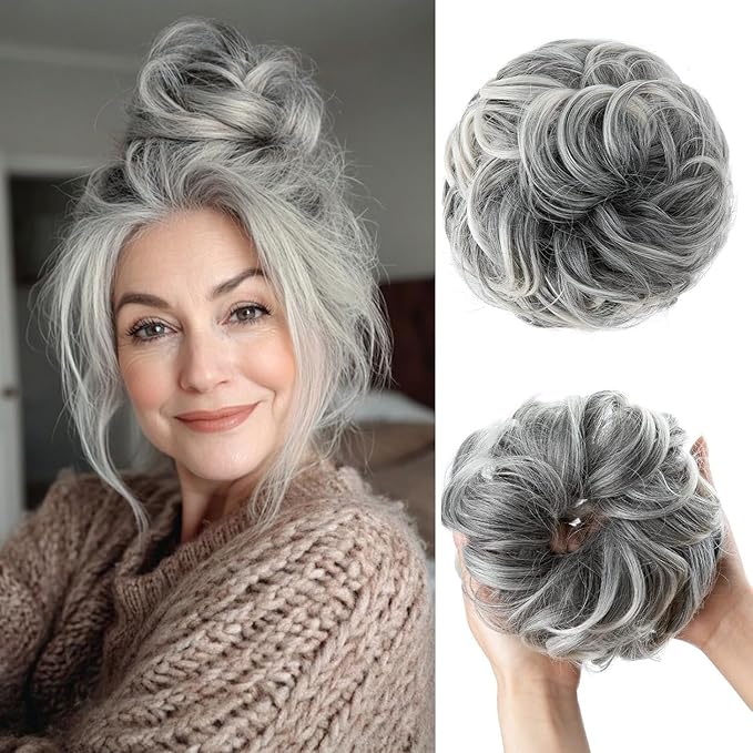 CJL HAIR Large Messy Bun Hair Piece Wavy Curly Scrunchies Synthetic Chignon Ponytail Hair Extensions Thick Updo Hairpieces for Women Salt and Pepper