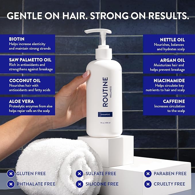 Routine Wellness Anti-Thinning Shampoo for Thinning Hair - Biotin DHT Blocker Women & Men - Color Safe Shampoo for Hair Loss & Healthy Hair - Jasmine & Rosewater 14oz