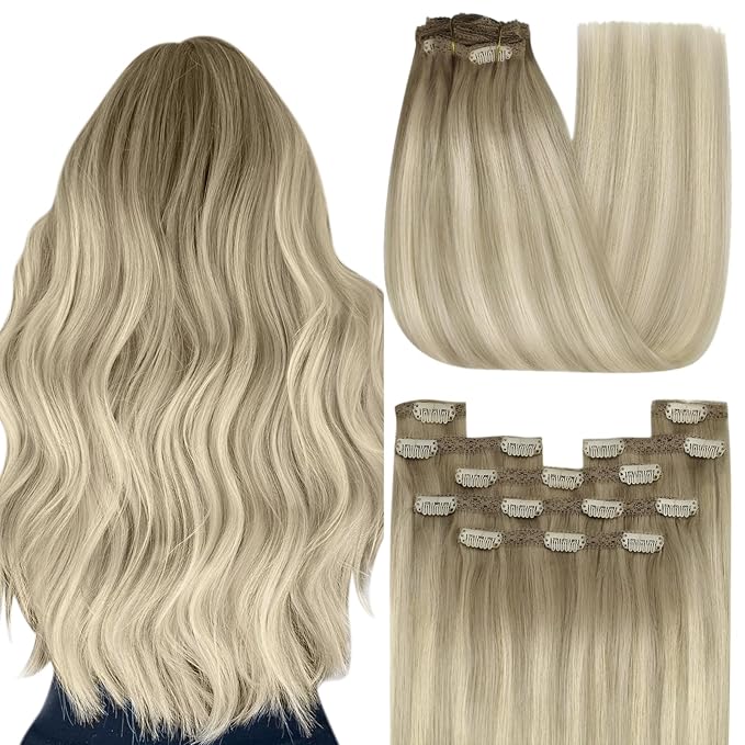 YoungSee 135G Blonde Clip in Hair Extensions Ombre Ash Blonde Mix Platinum Blond Human Hair Clip in Extensions Balayage Clip on Hair Extensions for Women 16Inch 7Pcs