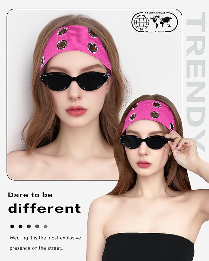 Grommet Headband for Women, Hot Pink 23cm Hollow Out Elastic Hair Band, Eyelets Punk Grunge Stylish Hairband