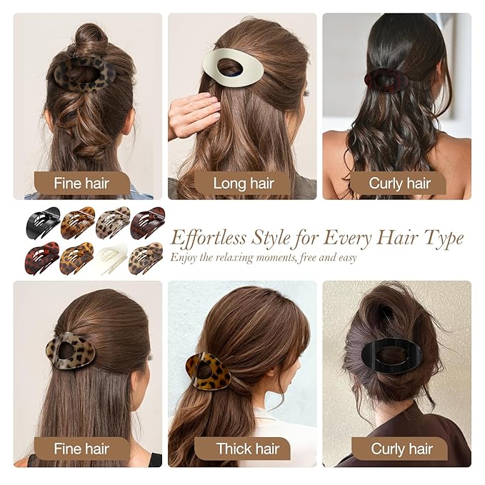 Upgraded 8 Pack French Flat Hair Clips for Women Girls, Matte Lay Flat Claw Clips, Large No-Slip Claw clips for Thick &Thin Hair, Strong Hold Styling Barrettes Accessories for Daily Styling (Leopard)