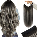 YoungSee 120G Invisible Wire Hair Extensions Ombre Black Hair Wire Balayage Black Mix Silver Fish Line Hair Extensions Real Human Hair Soft Hair 18Inch
