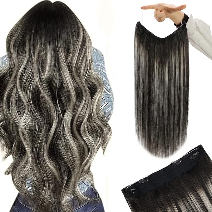 YoungSee 120G Invisible Wire Hair Extensions Ombre Black Hair Wire Balayage Black Mix Silver Fish Line Hair Extensions Real Human Hair Soft Hair 18Inch