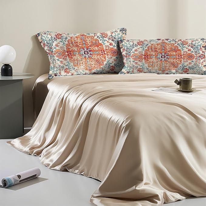 Boho Vintage Satin Pillow Case Queen Size,Soft Pillowcases for Hair and Skin Similar to Silk,Pillowcases with Hidden Zipper Bedding Accessories,20X30 Inches,1 Pack