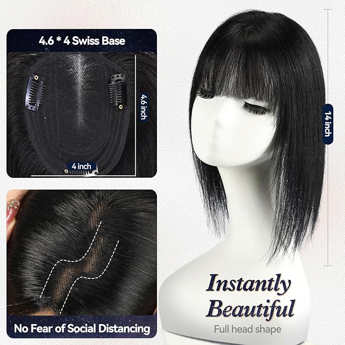 starluck Human Hair Toppers for Women with Thinning Hair, 14 Inch Real Hair Topper, 4.6x4 Inch SilkHug Swiss Lace Base Hairpiece, With Bangs (Black)
