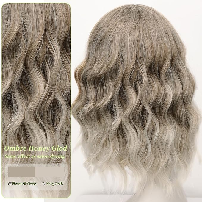 AISI HAIR Ombre Honey Glod Synthetic Wavy Curly Bob Wig with Bangs Short Wavy Hair for Women Synthetic Heat Resistant Bob Wigs