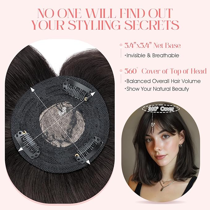Hairro Mono Hair Toppers with Bangs, 3.4" x 3.4" Mono Base 100% Real Human Hairpieces for Women, 150% Density Clips In Topper for Greyish Thinning Hair, 16 Inch Natural Black