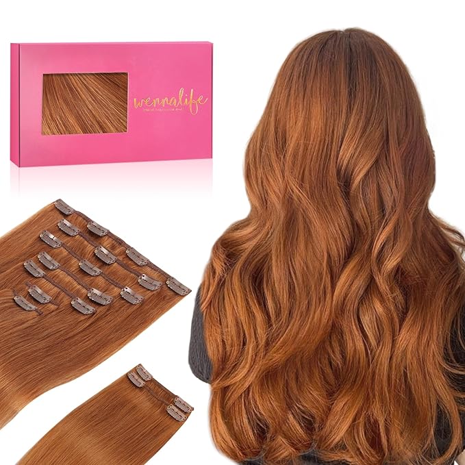 WENNALIFE Clip in Hair Extensions Real Human Hair, 24 Inch 150g 9pcs Dirty Ginger Remy Hair Thicker Double Weft Extensiones De Cabello Humano Con Clip Ins Straight Full Volume