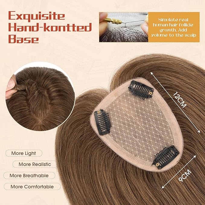 Rich Choices Human Hair Toppers for Women-100% Real Remy Hair Topper No Bang-Upgraded 150% Density 9 * 12CM Lace Base-Clip in Hairs Topper for Thinning Hairs-10Inch #4 Medium Brown