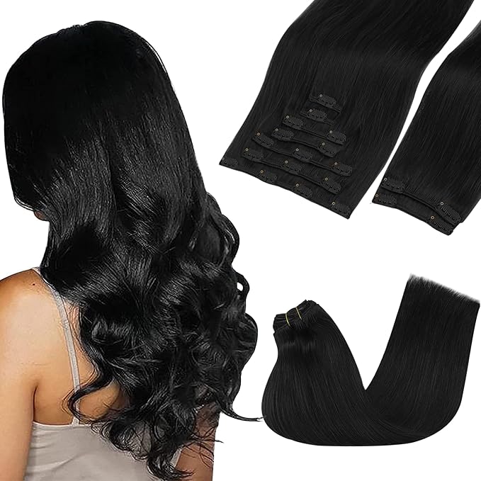 GOO GOO Clip in Hair Extensions Real Human Hair, Remy Human Hair Extensions Clip ins for Women, Natural Human Hair, 22inch 220g 9Pcs, #1 Jet Black