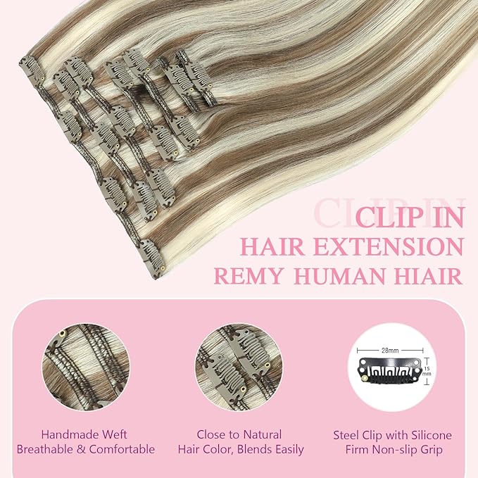 PINKPEARL Clip in Hair Extensions Straight Human Hair #8P60 Ash Brown Highlighted Platinum Blonde Clip in Extensions Remy Real Human Hair Extensions 7pcs 120g 16 Inch(#8P60-16)
