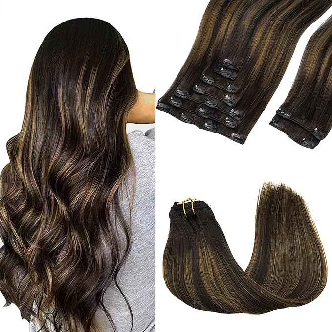 GOO GOO Clip in Hair Extensions Real Human Hair, Remy Human Hair Extensions Clip ins for Women, Natural Human Hair, 16inch 150g 9Pcs, 2/6/2 Balayage Dark Brown to Chestnut Brown