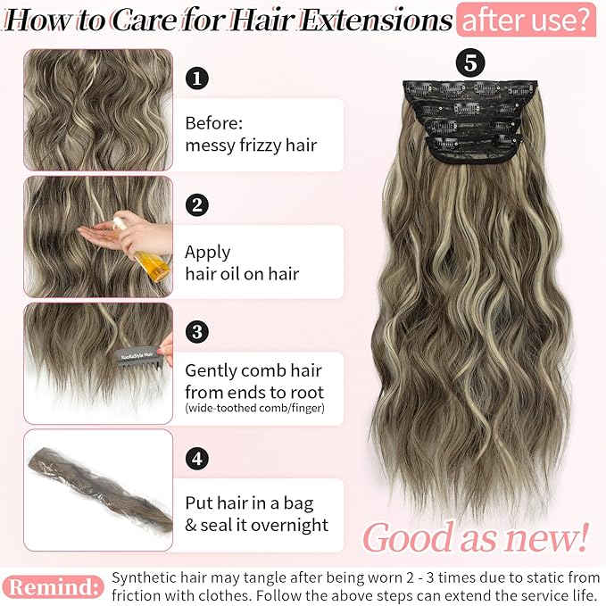 KooKaStyle Clip in Synthetic Highlight Hair Extensions Long Wavy 4PCS Thick Hairpieces Medium Brown Ash Blonde Fiber Double Weft Natural Hair Extensions 20 Inch for Women