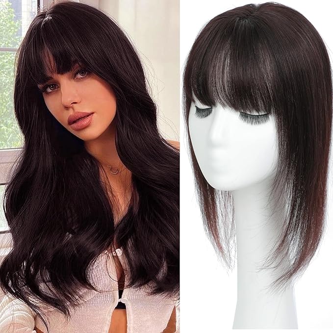 Hair Toppers for Women Real Human Hair, 360°3D Topper for Women with Thinning Crown Wispy Clip in Bangs Breathable Hand Tied Craft Big Coverage Hairpieces(Chestnut Brown（Big）, 16 Inch-3D-Wispy)