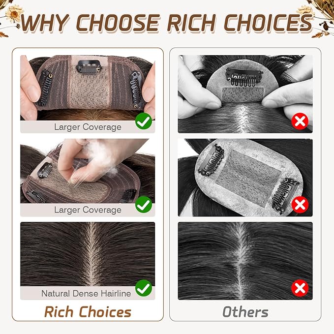 Rich Choices Real Human Hair Toppers for Women With Bang 100% Remy Human Hair Topper for Thinning Hair Clip in Silk Base Hair Topper 6 Inch #1B Natural Black